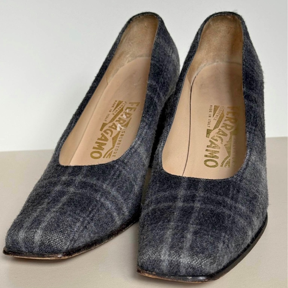 Salvatore Ferragamo Gray Plaid Wool Pumps